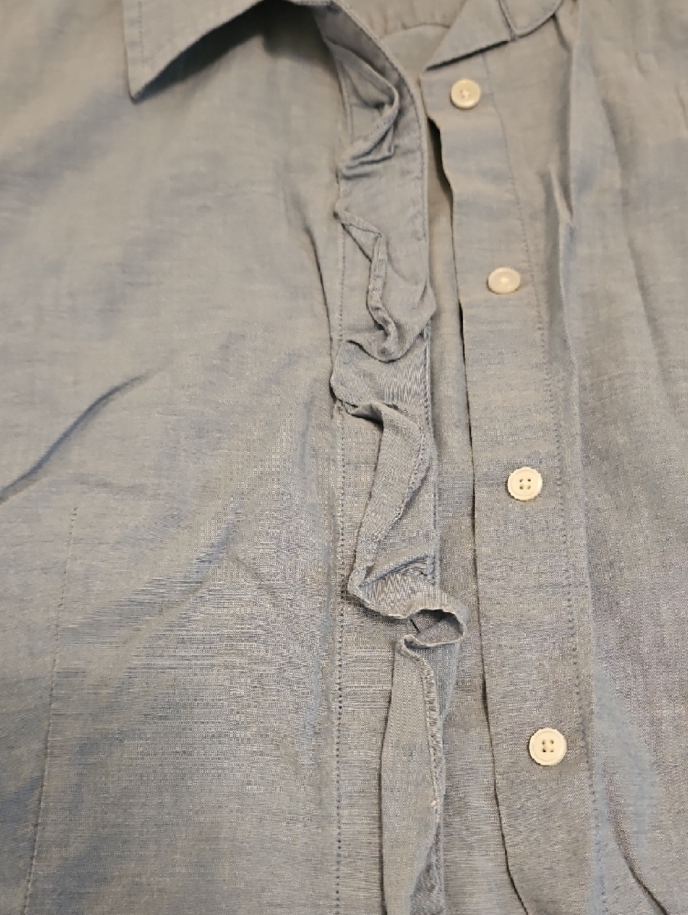 Talbots Light Blue Linen Ruffle-Front Button Shirt - Picture 3 of 6